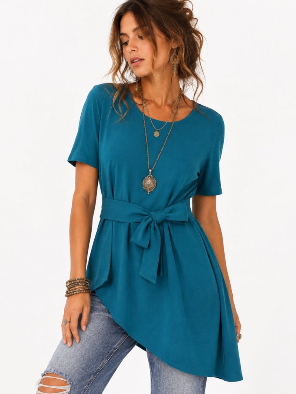 GILI Asymmetrical Peplum Top Womens L Teal Tie Front Knit Boutique Stretch